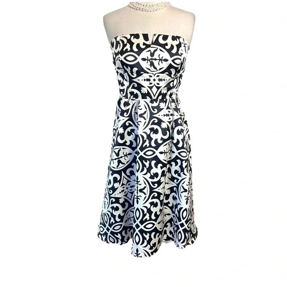 INC International Concepts 12 black‎ & white print strapless fit + flare dress - Picture 1 of 8